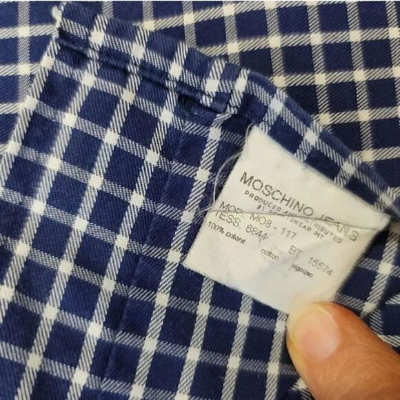 Vintage 90's Moschino Navy Blue Check Longsleeve Button Down Shirt Size Medium - Picture 9 of 10